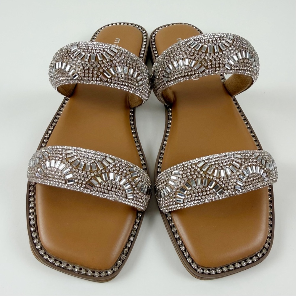 Madden Girl Partly Rhinestone Two-Band Slide Sandals Womens 6 Silver Flats NEW - Picture 2 of 11